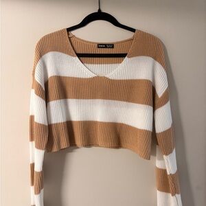 Tan and White Striped Knit Sweater